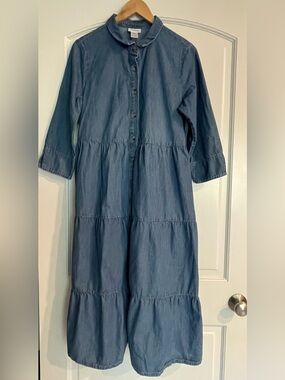 The Vermont Country Store Blue Denim Shirt Dress Button Front Pockets Midi L